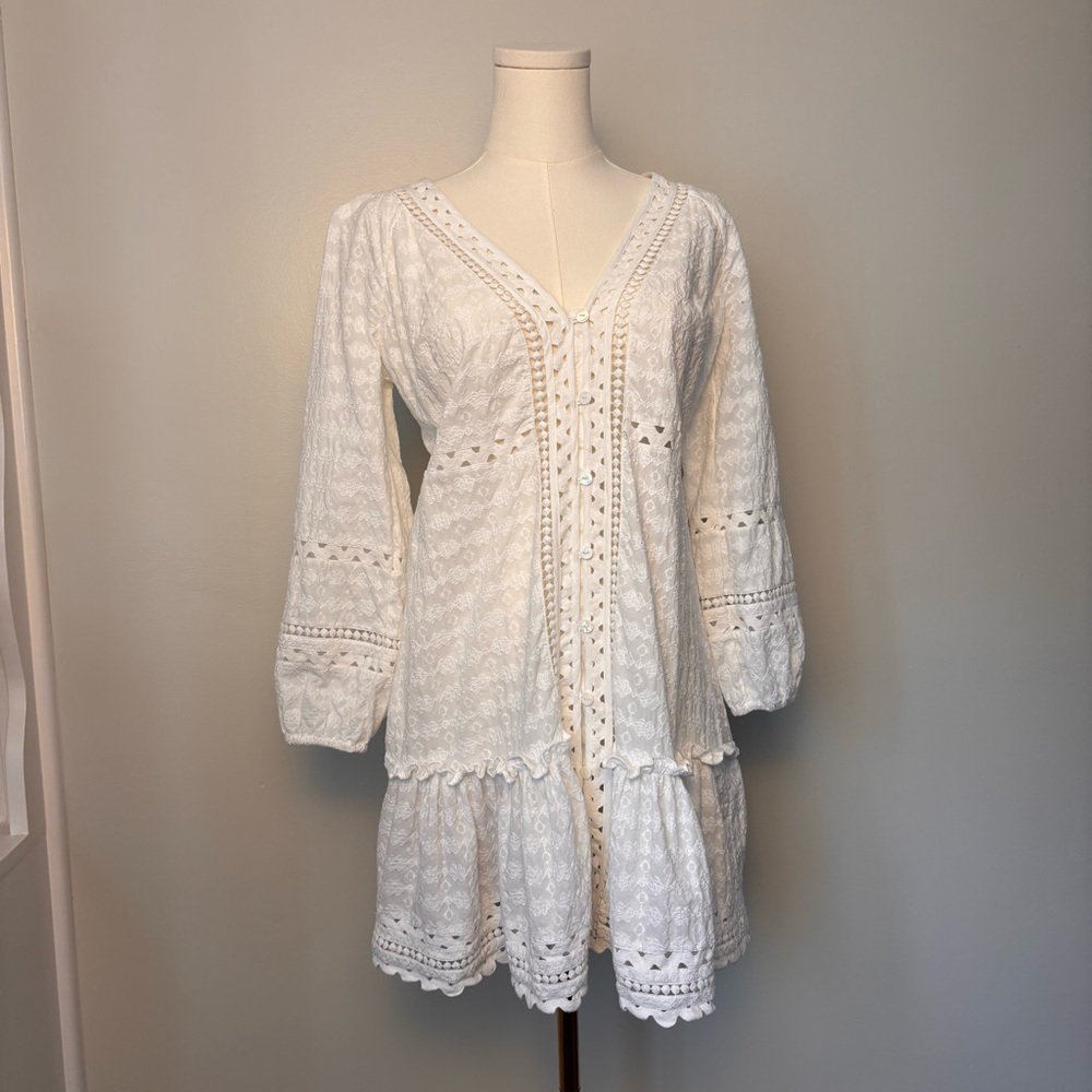 Veronica Beard Daeja V-Neck Eyelet Intricate Lace 3/4 Sleeves Mini Dress Size XS - Picture 2 of 14